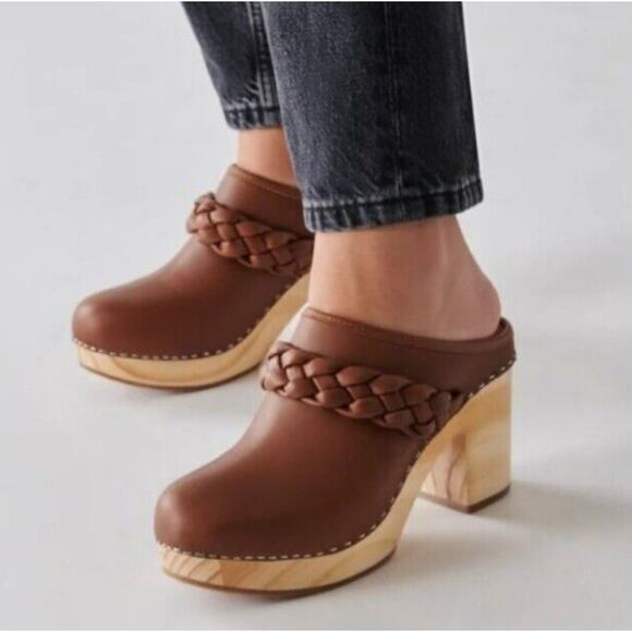 Dolce Vita Hila Leather Platform Clogs Women’s 9 Brown Wooden Block Heel NEW - Picture 1 of 9